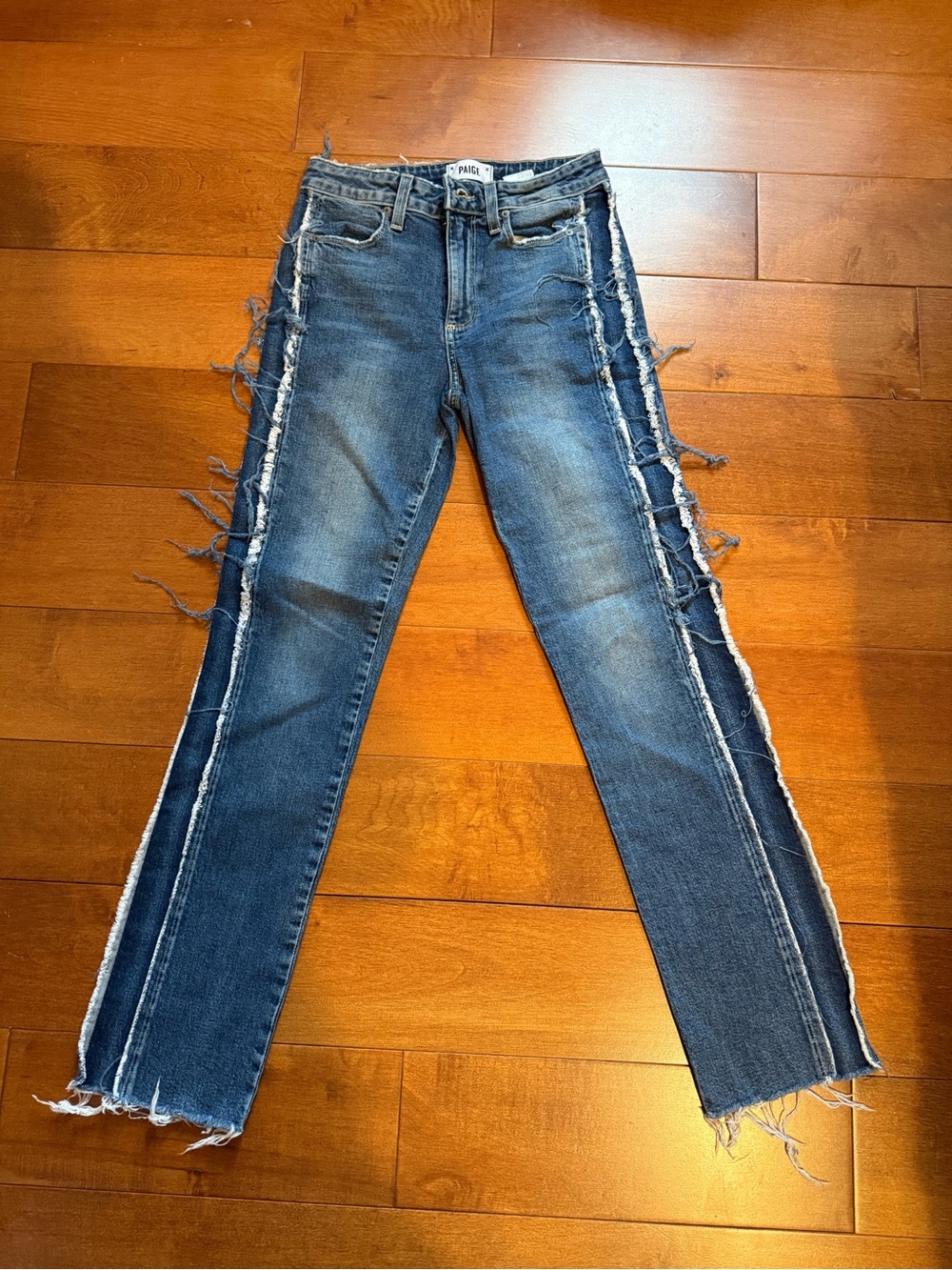 PAIGE Two-Tone Straight Leg Jeans with Frayed Side Panels sz 24